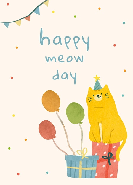 Vettore gratuito modello di auguri di compleanno con illustrazione di gatto