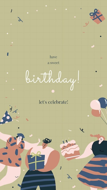 Free vector birthday greeting template with celebrating characters