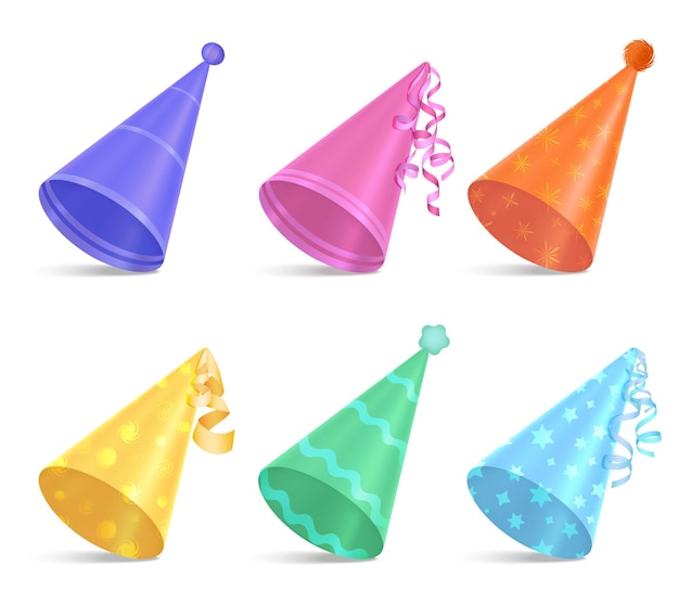 Cappelli di compleanno per l'insieme realistico del partito festivo dei bambini dei cappucci variopinti del pagliaccio hanno isolato l'illustrazione di vettore