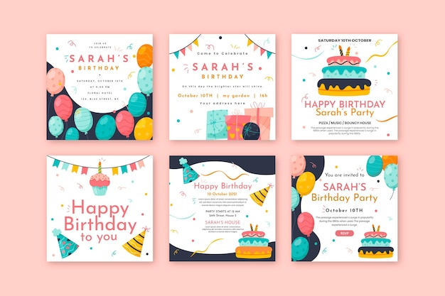 Free vector birthday instagram posts collection