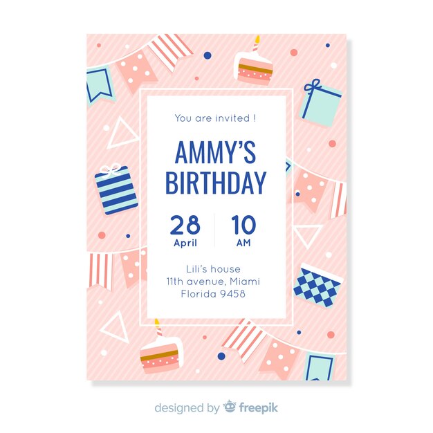 Birthday invitation template in flat style