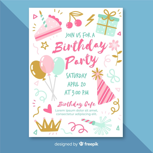 Free vector birthday invitation template in hand drawn style