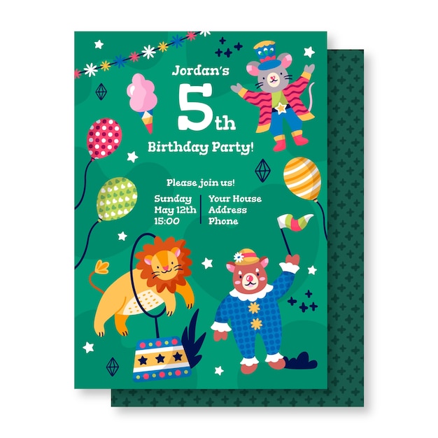 Free vector birthday invitation template with cartoon animals