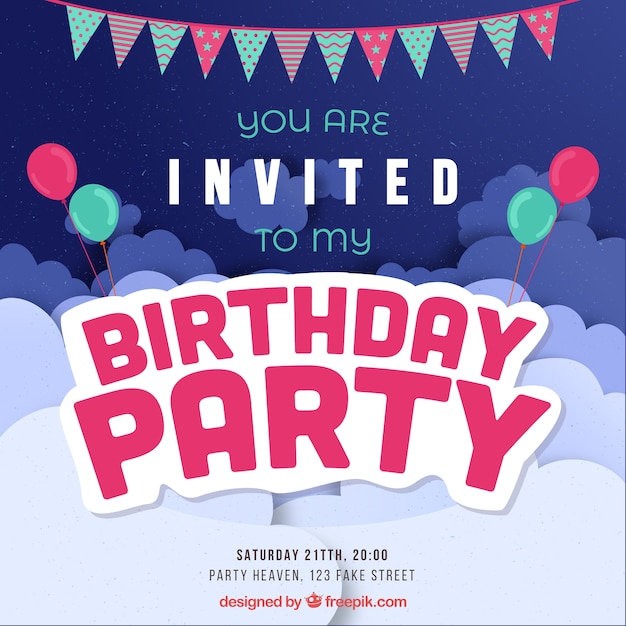 Birthday invitation with clouds and balloons