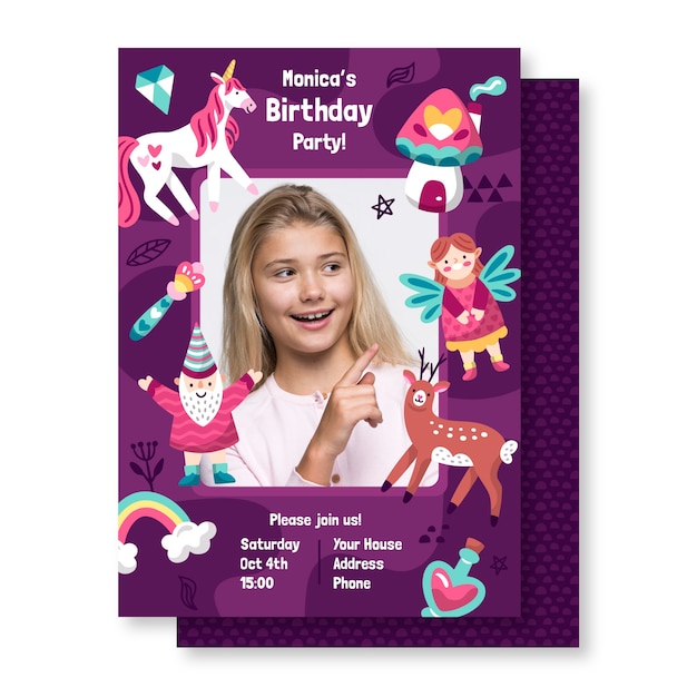 女の子テンプレートの写真と誕生日の招待状