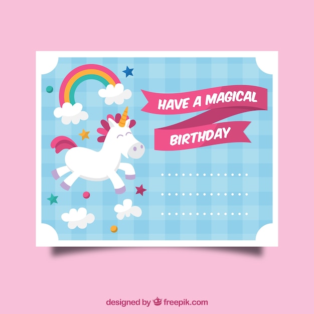 Free vector birthday invitation with a unicorn, clouds and stars