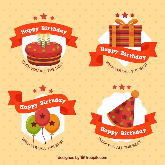 無料ベクター birthday labels with red ribbon