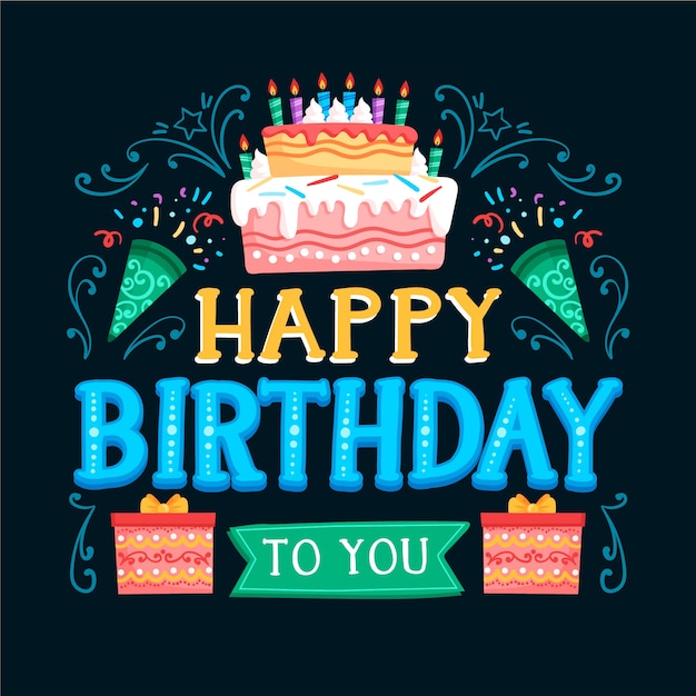 Free vector birthday lettering with cake and presents