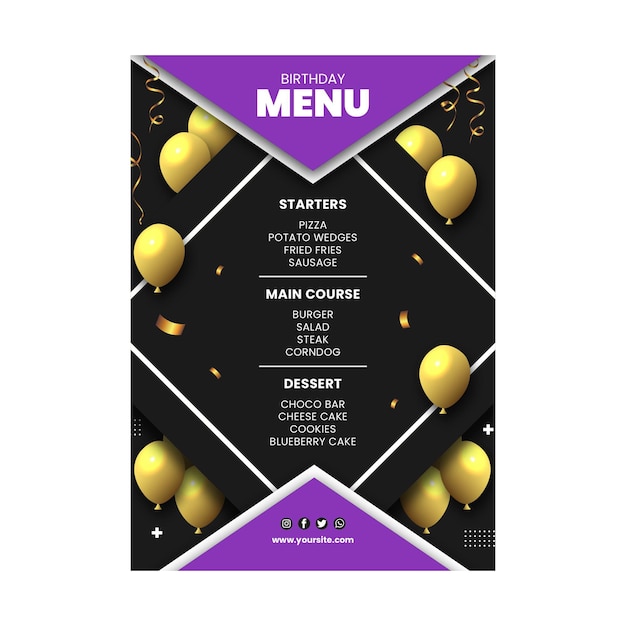 Modello di menu di compleanno con palloncini