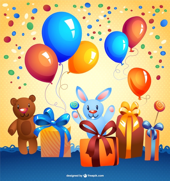 Birthday party background with presents, teddy bears and balloons