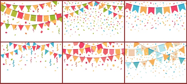 Birthday party bunting and confetti. Color paper streamers, confettis explosion and buntings flags