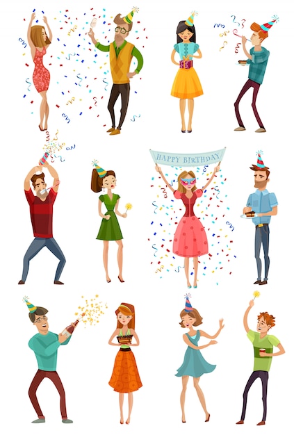 Free vector birthday party celebration funny people set