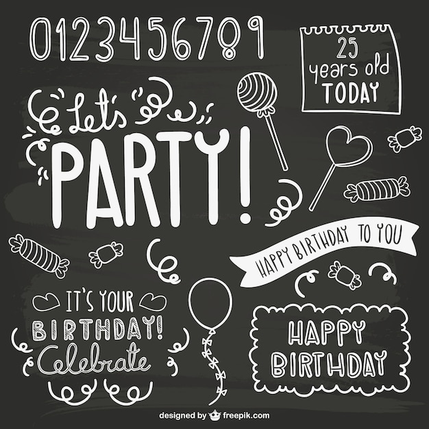 Birthday party elements with blackboard texture