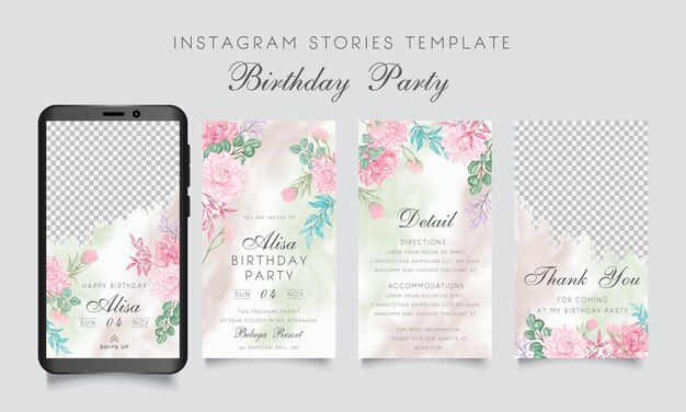 花の背景の誕生日パーティーのためのinstagramストーリーテンプレート プレミアムベクター