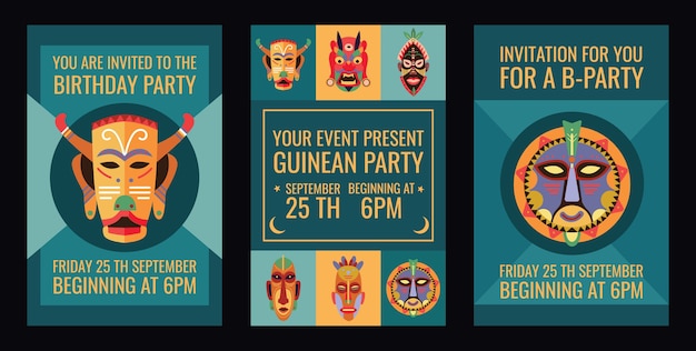 Free vector birthday party invitation cards design set with tribal masks