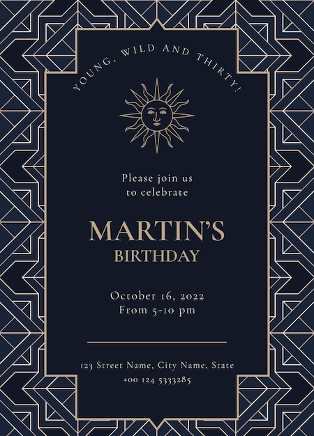 Birthday party invitation template vector with gold art deco style