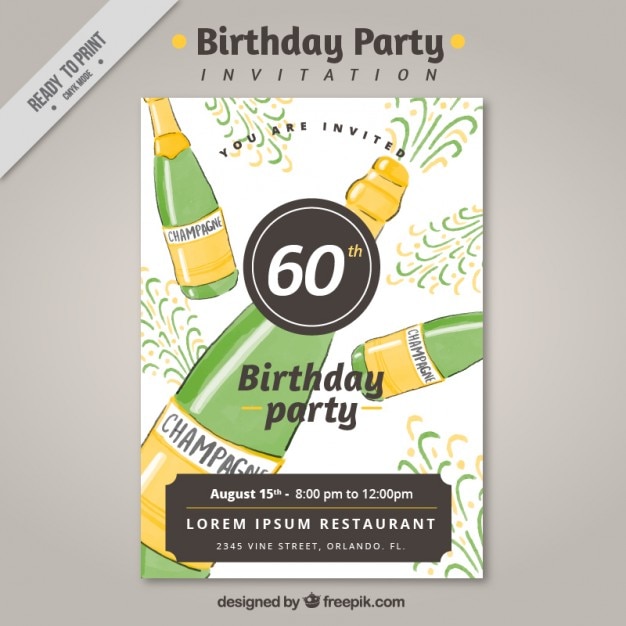 Birthday party invitation with champagne bottles