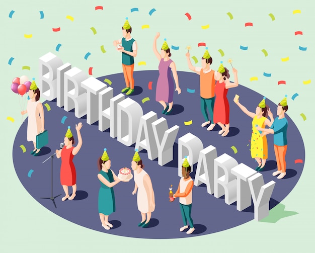 День рождения вечеринка изометрической концепции дизайна с маленькими счастливыми людьми, стоящими вокруг большой заголовок письма иллюстрации