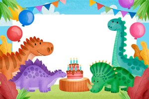Free vector birthday party with cake and dinosaurs