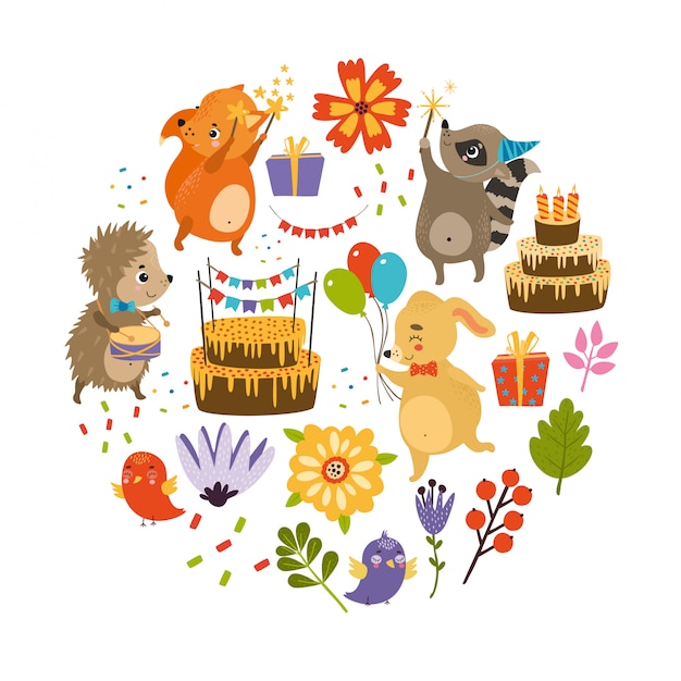 Free vector birthday set. holiday with animals