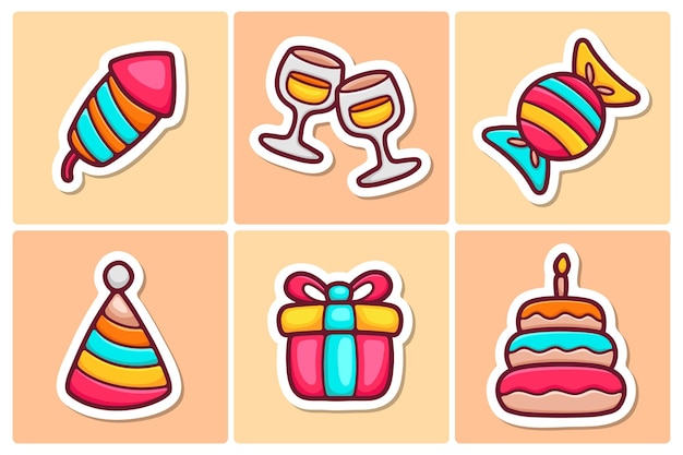 Free vector birthday sticker icons doodle coloring vector