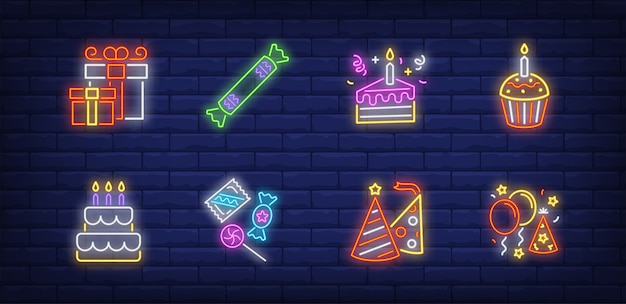 Birthday symbols set in neon style