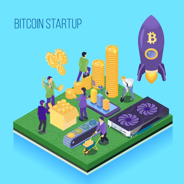 Bit coin start up project crypto currency mining and transaction computer hardware blue isometric illustration