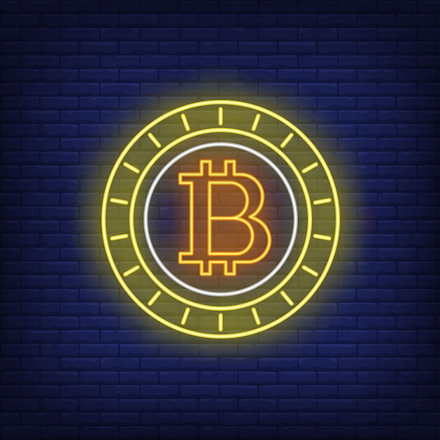 Бесплатное векторное изображение Биткойн криптовалюта монета неоновая вывеска