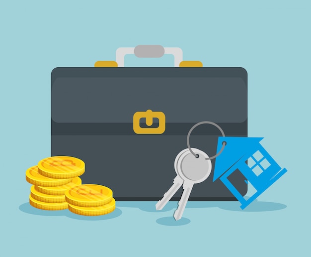 Vettore gratuito valuta bitcoin con valigetta e chiavi di casa