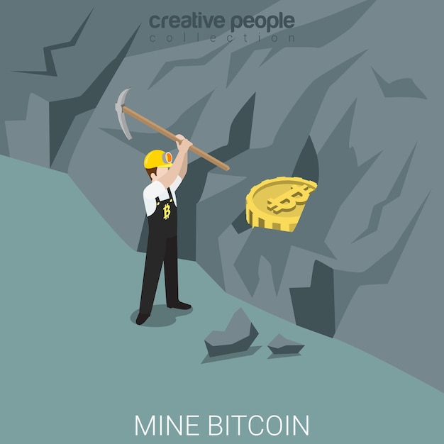 Free vector bitcoin miner mine process flat isometric