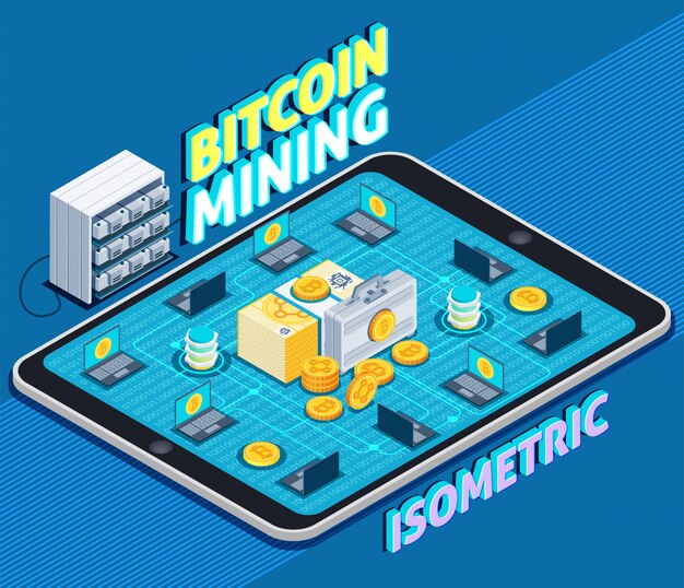 Free vector bitcoin mining isometric composition