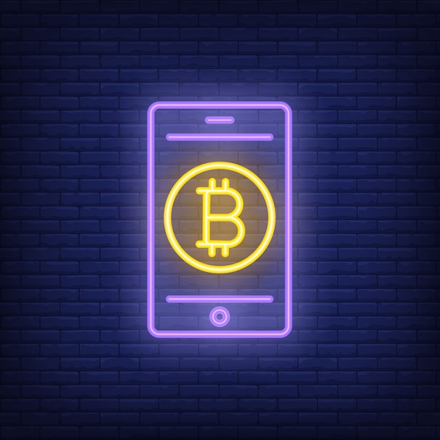 Free vector bitcoin payment neon sign. bitcoin on smartphone screen. night bright advertisement.