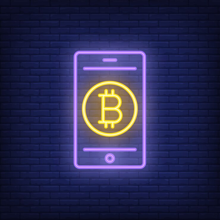Free Vector bitcoin payment neon sign. bitcoin on smartphone screen. night bright advertisement.