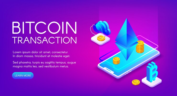 Бесплатный Вектор биткойн транзакция иллюстрация криптовалютной торговли и обмена на смартфоне ethereum