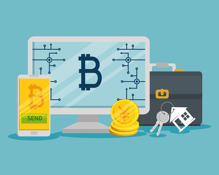 Бесплатный Вектор виртуальная валюта биткойн в компьютере и смартфоне