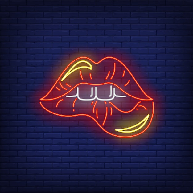 Free vector biting red lips neon sign