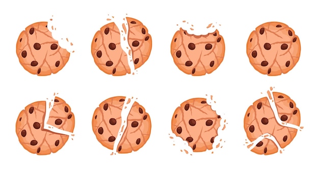 Bitten cookies. tasty crumble dessert vector chipped cookies collection. illustration bake oatmeal with chocolate to breakfast