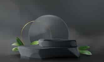 Бесплатное векторное изображение Черный 3d-подиум с стеклом и зеленым листом геометрическая каменная платформа с дымом и стеной для дисплея натуральных товаров реалистичный векторный макет темного пьедестала для презентации косметики и красоты