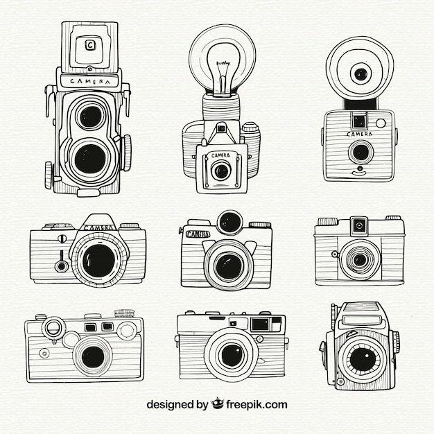 無料ベクター 黒と白の手で描かれたカメラコレクション