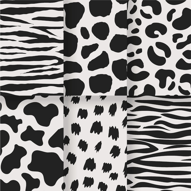 Бесплатное векторное изображение Черно-белый набор бесшовных принтов животных