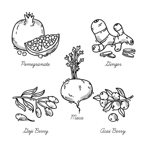 Бесплатное векторное изображение Черно-белая супер еда для здоровья и диеты
