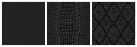 Free vector black animal skin seamless textures for game textile or wallpaper realistic 3d vector repeated patterns of snake crocodile and and leather fabric backgrounds of natural or artificial reptile skins