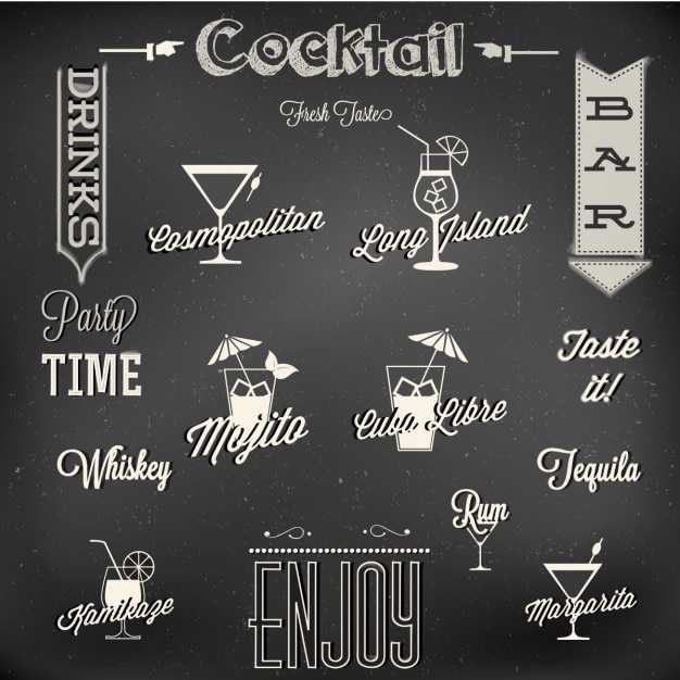 Free vector black background with cocktails labels