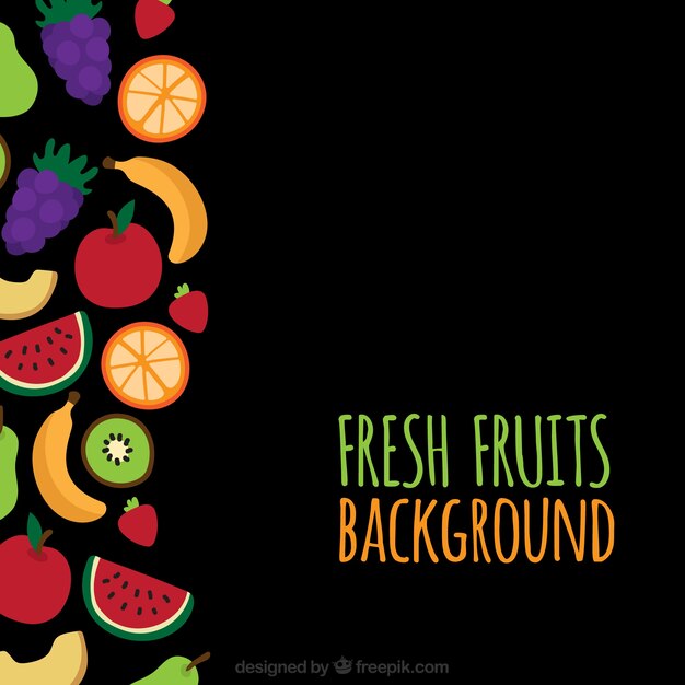 Black background with colored fruits in flat design