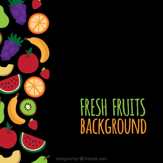 Black background with colored fruits in flat design