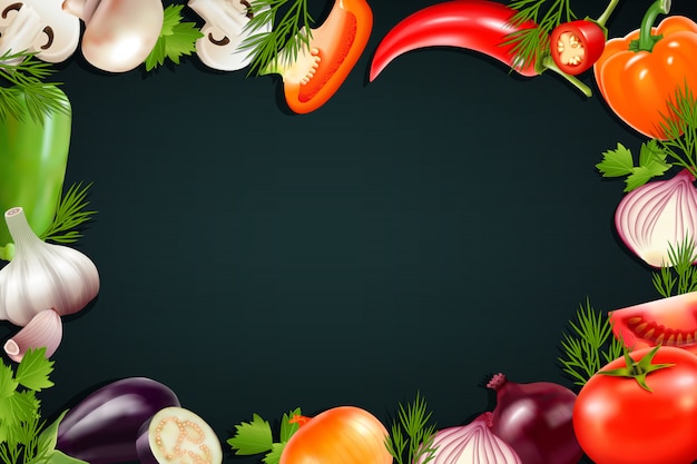 唐辛子茄子のような現実的な野菜のアイコンを含むカラフルなフレームと黒の背景