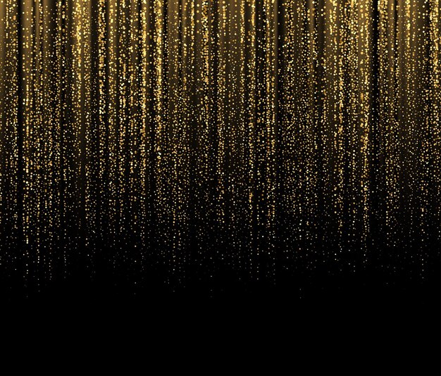 落ちてくる金色の輝きがきらめく黒い背景。装飾のお祭りデザインの背景。ベクターイラストEPS10