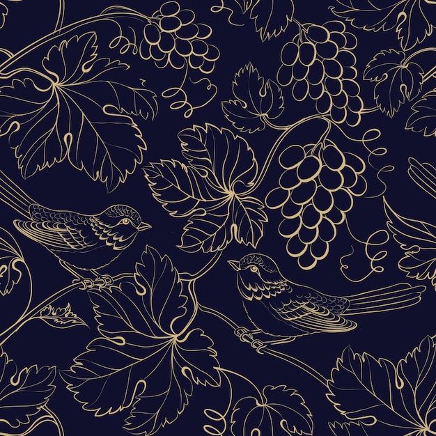 Бесплатное векторное изображение Черный фон с золотыми виноградными ягодами и листьями.