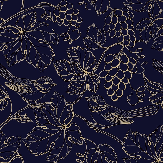 Free vector black background with gold grape berries and leaves.