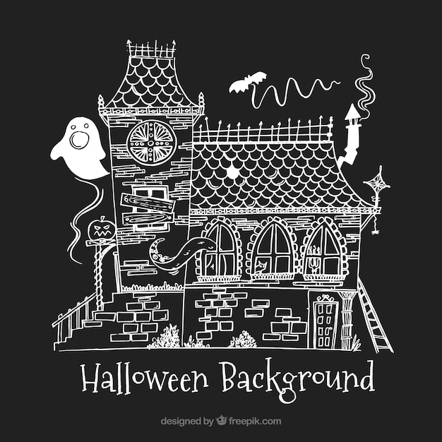 Free vector black background with an hand-drawn enchanted house